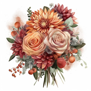 create a beautiful high quality highly detailed highly saturated watercolor clipart illustration of a beautiful single and elegant decorative SIMPLE PRINCESSCORE BRIDAL BOUQUET WITH THE FLORAL STEMS WRAPPED in SILK BURLAP WITH THE BOTTOM OF THE STEMS SHOWING covered in a theme of burnt orange, terracotta, beige, flower arrangement with vendela rose, dahlia rose, rose bud, willow, use intricate detailing for the BRIDAL BOUQUET, pay close attention to the leaves, this illustration should be used f