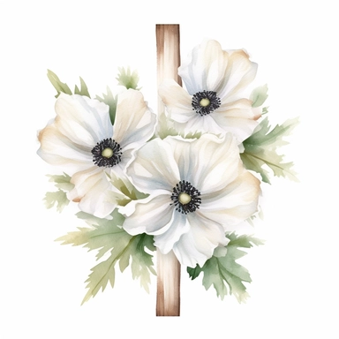 watercolor cross clip art with white anemone flowers around the center on white background