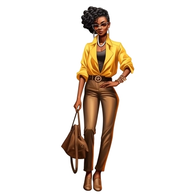realistic illustration of Fashion-forward African American woman: Illustrate a clipart of a stylish African American woman wearing fashionable clothing and accessories. Showcase her confidence and individuality through her outfit and pose. clipart, isolated on white background, 4K