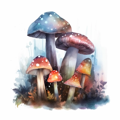 different types of fantasy mushrooms glowing in a dark forest, colorful fog, floating sparkles, bush, in style of watercolor clipart, white background, high detail, 4k