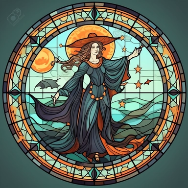 Vintage Colorful Beautiful Stained glass Witch Sublimation Clipart,Cartoon, hyper realistic, intricate detail, illustration style,high solution,on the white background