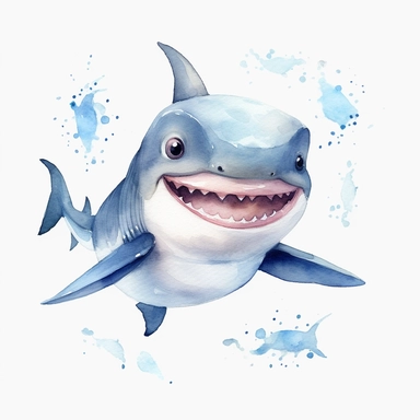 watercolor baby shark clipart, white background, HD, Color