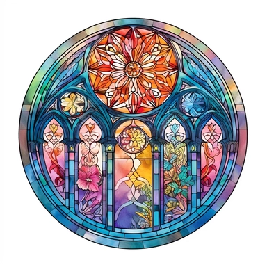 An enchanting watercolor depiction of a resplendent stained glass window, radiant with the brilliant hues of the rainbow, meticulously painted to captivate the viewer with its sheer beauty. This exquisite piece of clipart emulates the artistic prowess found in cathedrals and grandiose halls of the past, showcasing an array of intricate patterns that dance together in a symphony of light and color. The breathtaking design, inspired by both gothic and art nouveau aesthetics, blends ornate, floral 
