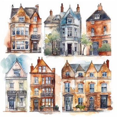 watercolor london town houses , illustrations clipart set, simple, , cartoon elements ,different variants , separate elements with a margin