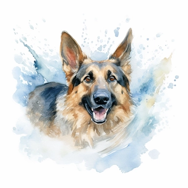 a charming watercolor clipart image of a German Shepherd with a white background, swimming