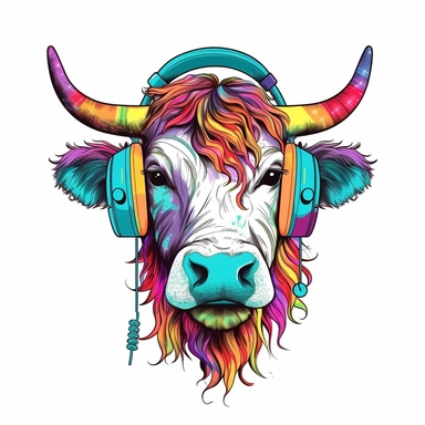 Cute Beautiful Retro 90s Color Cow Long Hair wearing headphones Sublimation Clipart,Cartoon, hyper realistic, intricate detail, illustration style,high solution,on the white background