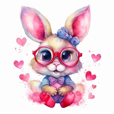 watercolor clipart, portrait of funny bunny in glasses, childlike innocence and charm, big and adorable in love eyes, cute and charming expression, funny and floppy ears, rosy cheeks, shy bunny, foreboding colors, valentines day themed cute, lovely hearts around the bunny
