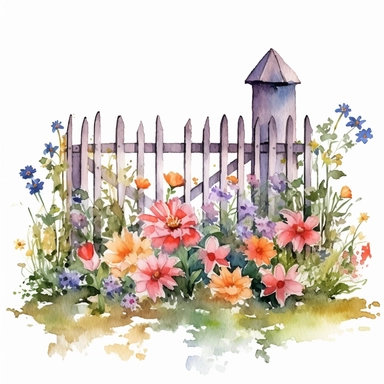 watercolor fence surrounded by flowers and frass clipart
