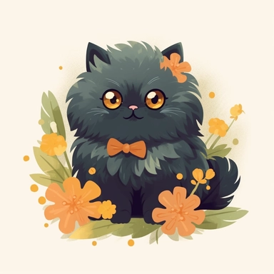 illustration of an adorable dark gray persian cat smiling, using an iPad clipart pack, cheerful expression, isolated on a white background, in the style of dark emerald and amber, character studies, delicate paper petals depictions, cottagecore, warmcore, nul group, warm color palette, folkloric portraits, animated gifs