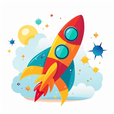 cute cartoon rocket ship, colorful, clipart, white background