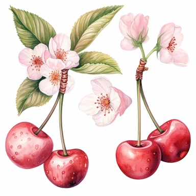 watercolor clipart set cherries attached to cherry blossoms