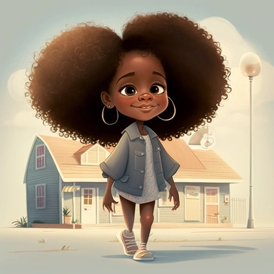 pixar illustration of Sag Harbor town , An illustration of fiver year old light skin happy black girl with curly afro, arriving in sag harbor ,standing in from of traditional home,from the community's stunning Sunset Beach, east hampton , summer vaction, beach town , summer days , muted tones , shy warm heart , pixar , hyper detailed , smooth skin realistic animated — Happy Black Girl Smiling art,black girlsclipart, Funny black girl , Cheerful african american girl child png, clipart, afro ,Full