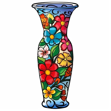 Clipart : Imagine a tall, elegant vase with a slender neck and a slightly flared base. The neck should be gracefully curved, while the base can have intricate patterns or motifs. Add subtle decorative elements to the vase, such as embossed textures, delicate engravings. These could be floral patterns. Picture a lush bouquet of colorful flowers arranged within the vase. Choose a variety of flowers with different shapes and sizes to create an interesting composition. Include flowers like roses, da