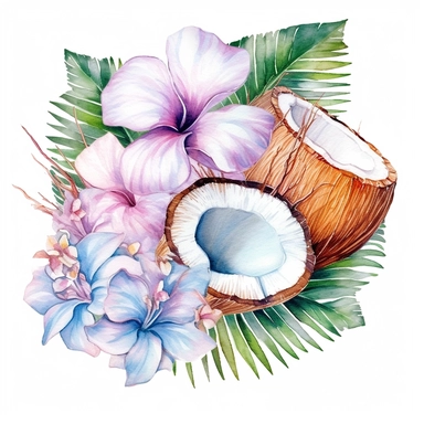 Pastel Cute Beautiful Hawaii Coconut tropical flower Watercolor Sublimation Clipart,Cartoon, hyper realistic, intricate detail, illustration style,high solution,on the white background