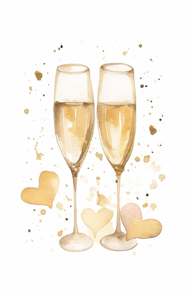 Watercolor two champaign glasses toasting, hearts, wedding clipart, simple, soft colors, cartoon elements, watercolor boho style, white transparent