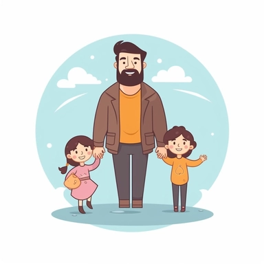 children holding father's hand, sticker style vector illustration for t-shirt, clipart, white background