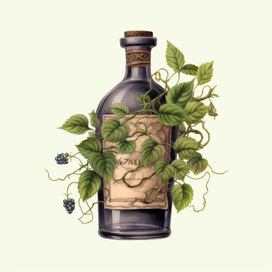 Vintage alcohol bottle with vines wrapped around, illustration clipart, high detailed, white background, digital art