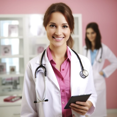 Female doctor, clipped ID badge, white lab coat, wearing pink latex gloves, clipboard, stethoscope, looking at camera, smiling, photorealism, perfect symmetrical face, perfect details, background: examination room, intricate details, 8k, ultra-detailed, intricate details, bright juicy color palette, DSLR, Canon EF-S 10-18mm f/4.5-5.6 IS STM lens, ISO 150, octa-rendering, hyper-realistic textures
