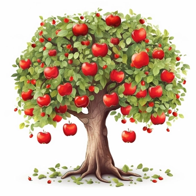An apple tree with red APPLES, harmonious balance, children's illustration book, vector, png, clipart, 2D, poster art, white background