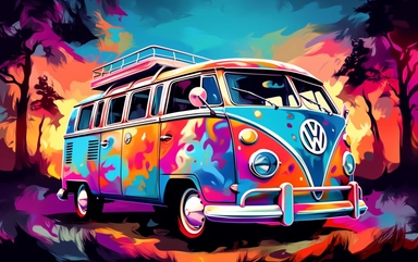 clip art of a VW bus decorated 60's style in synthwave style colourfull multicolour ultra details