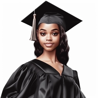 beautiful black queen graduate, clipart, straight hair, light skinned, wearing a black cap and black gown, white background