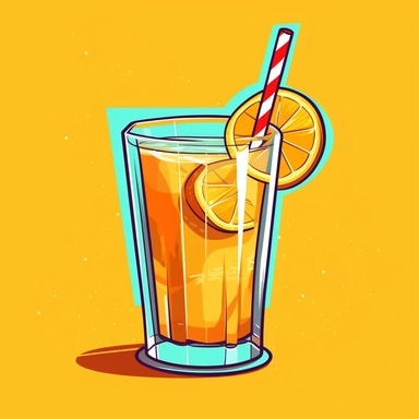 Create a playful clipart image of a glass of orange juice with a straw in it, sitting on a table with a slice of orange beside it. Use bright shades of orange and yellow to make the juice pop, and add a subtle gradient to the background to create depth. Make the overall vibe of the artwork fun and light-hearted, perfect for use in a summer-themed project or for advertising a new juice bar.