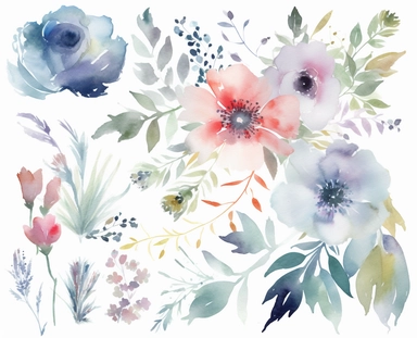 watercolor flower clip art for april, in the style of dreamlike composition, white background, ethereal foliage, show only one foliage, luxurious fabrics, pictorial dreams, use of bright colors, poetic pastoral scenes