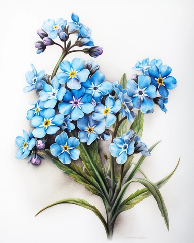 Watercolor Painting of Forget-Me-Not FLOWERS on white background beautiful multi - headed pale, Flora Design Patterns, Flemish Baroque by Rachel Ruysch, Behance, Rococo, Intricate Detailed, Soft Light Effect, Oil Paint Strokes, Light Academia Aesthetic Flowers, Lighting cinematic, all shown shimmering stamens, tyndall light, light effect, texture, colorful, 8k, fantasy, ray tracing, depth of field, vivid, spectacular lighting, octane rendering, highly detailed, ultra - realistic, white backgroun