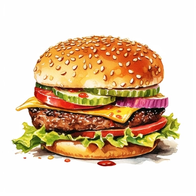a watercolor, hyper-realistic clipart image with a white background and white margins, showcasing a classic cheeseburger with a juicy beef patty, melted cheese, lettuce, tomatoes, and pickles. The ultra-detailed, hand-drawn elements capture the textures and colors of the burger ingredients. Use bold shades of brown, green, and red to evoke the mouthwatering and indulgent nature of this fast food staple