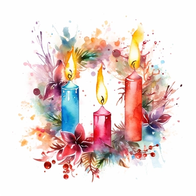 watercolor Christmas wreath adorned with christmas candles clipart, vibrant colors, add glitter, on a white background