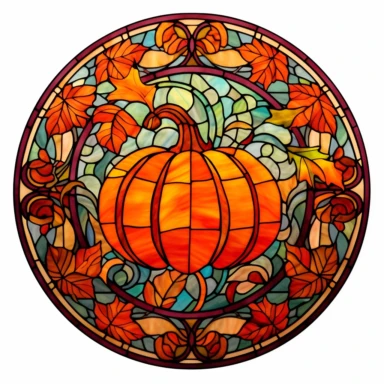 stained glass pumpkin, autumn clipart, autumn leaves, circle, white background, victorian-inspired illustration, autumn colors
