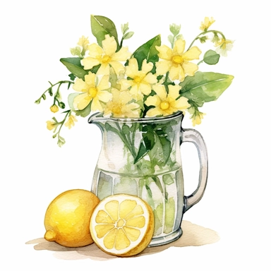 Commercial shot of realistic watercolor painting of a really cute cottagecore lemon themed flower vase clipart, aesthetic, good looking food, delicious, yummy, foodie, healthy, white background no text, isolated on white, watercolor illustration, award winning, strong and sharp lines