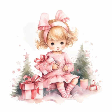 Cute little baby fairy girl with Christmas tree opening gifts pink Christmas watercolor Clipart