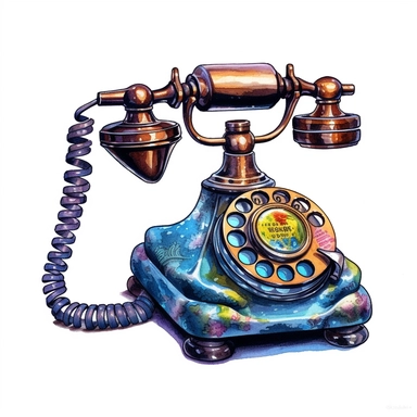 Otherworldly retro telephone Clipart, watercolor cartoon, hyper realistic, intricate detail, illustration style, high resolution, on the white background