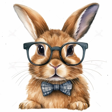 a cute rabbit clipart,unique outfit , different breed , full body , unique pose,wears glasses,have wardobes , white background , watercolors image , no other elements, clean shapes ,center and middle, cute