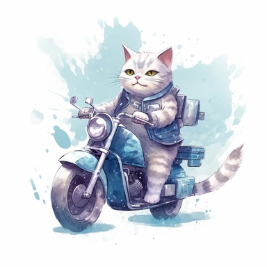 Draw a series of cliparts showing a cat riding a motorcycle through different weather conditions, such as rain or snow. Low detail. White background, soft lighting. In the style of Bob Ross