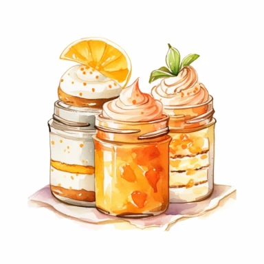 A vibrant still life composition featuring three orange watercolor clipart mason jars filled with delectable desserts, placed on a white background. The jars are elegantly arranged, with their lids off, showcasing the mouthwatering desserts inside. Each jar contains a different dessert, like a luscious orange creamsicle parfait, a tangy citrus tart, and a refreshing orange sorbet. The desserts are expertly garnished with slices of fresh orange, mint leaves, and a sprinkle of powdered sugar. The 