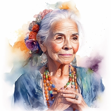 Romantic realistic watercolor of a beautiful older woman , celebrating Dia de Los Muertes, wearing boho jewerly and mexican traditional dress, spiritual,translucent, multi-layered, delicate, bright colors, golden hour, fashion photography, watercolor clipart--no watermarks, no text