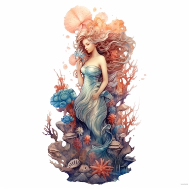 beautiful rich sea mermaid on corals full body with mermaid fish tale, sea stars, sea shells, super high quality, high resolution, oil painting clipart, natural colors, isolated white background, 8k
