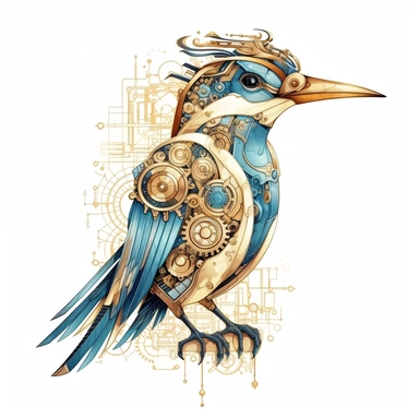 clipart, isolated on white background, a bird with gold and blue design, in the style of detailed science fiction illustrations, ivory, mysterious backdrops, quadratura, fairycore, wimmelbilder, fantastical machines