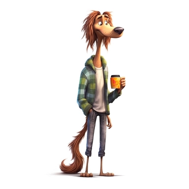 a very skinny dog with frizzed out hair, holding a mug of coffee, tired, pajamas, perfect placement of tail, pixar style, full body image, clipart, white background