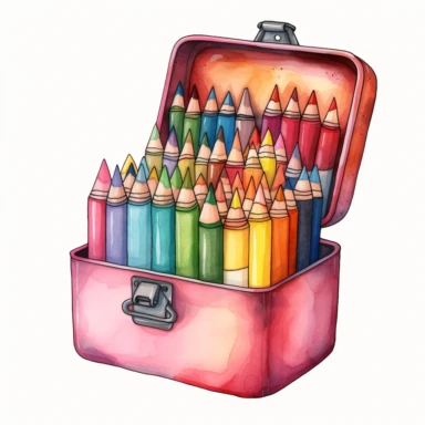 Back to school Watercolor Clipart, A Crayon box, girly,pink themed , single object, highly detailed, hand drawn watercolor illustration ,png transparent background, white background for removing background - - no text shadow font watermark