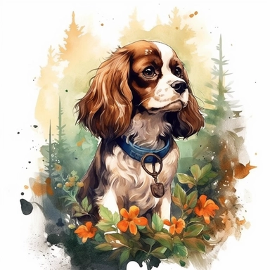 Drawing and Illustration Watercolor Print Watercolor Portrait Watercolor King Charles Spaniel Sitting in the Woods with Flowers Crooked Art Clipart for Print Art Watercolor Painting Watercolor Watercolor Charles Spaniel Art Udal Art for Commercial Use