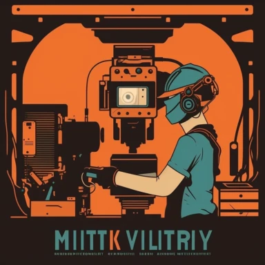 vr headset, virtual reality, industrial worker poster, repairing machine, simplistic, abstract, vector, 2d illustration, clipart, few colors, industrial, hi-tech