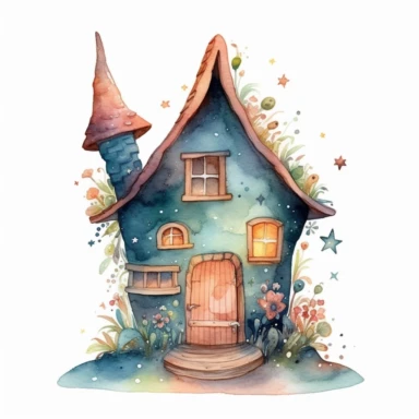 watercolor clipart of a tiny elf house with small details, vibrant pastel colors, stars, magical, mystical, celestial, high quality watercolor image on white background