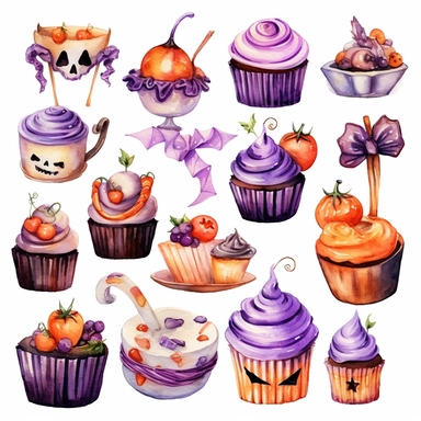 Watercolor halloween dessert, cupcake,cookies,cake,candy,illustrations clipart set, witch,bat,pumpkin,simple, purple orange black white colors, cartoon elements, different variants, separate elements with a margin