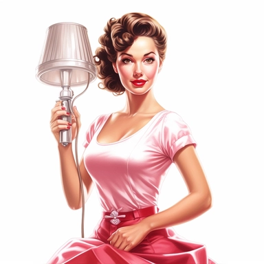 beautiful pretty pin up woman, makeup and hair 50's style, diferent poses,maid dressed, paint art style, cleaning lamps and furniture 50's style, detail, clipart, white background, superrealistic, one of a kind .
