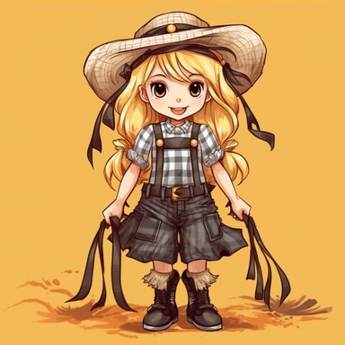 little cute blond girl, braids in her hair with bows at the ends, smiling, beautiful festa junina dress plaid, big hugh eyes, smiling, straw hat on her head, boots, clipart style, embarressed with black outline,