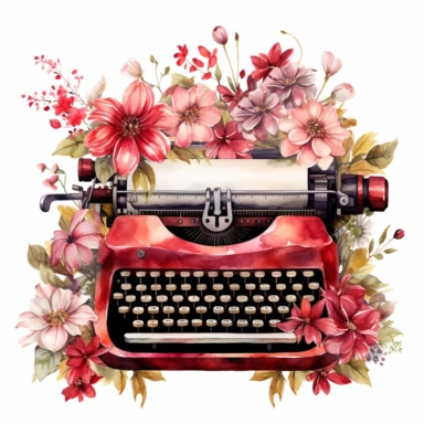 watercolor vintage typewriter surrounded by flowers pink and red hues clipart on a white background