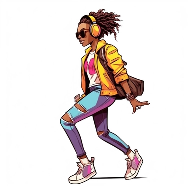 Fashion girl African American illustration clipart isolated white background, rocking a casual urban outfit with headphones and a skateboard, set against a clear white backdrop, conveying a sense of youthful energy and freedom, Digital illustration, raster-based artwork with clear, crisp lines and vibrant colors,